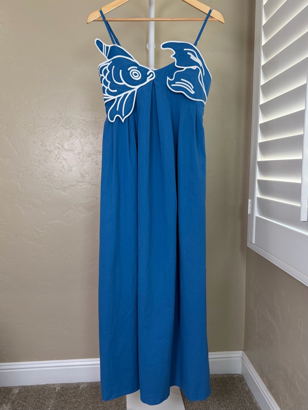 Commense Ocean Blue Embroidered Fish Maxi Dress Small NWT Cotton Blend - Picture 2 of 9